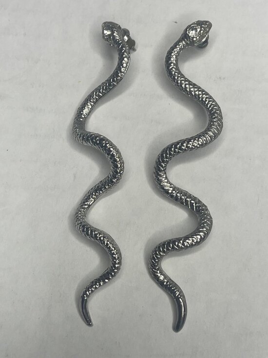 Jewelry - VTG Silver Snake-Shaped Dangle Goth Earrings Textured Design Rhinestone Eyes 80s